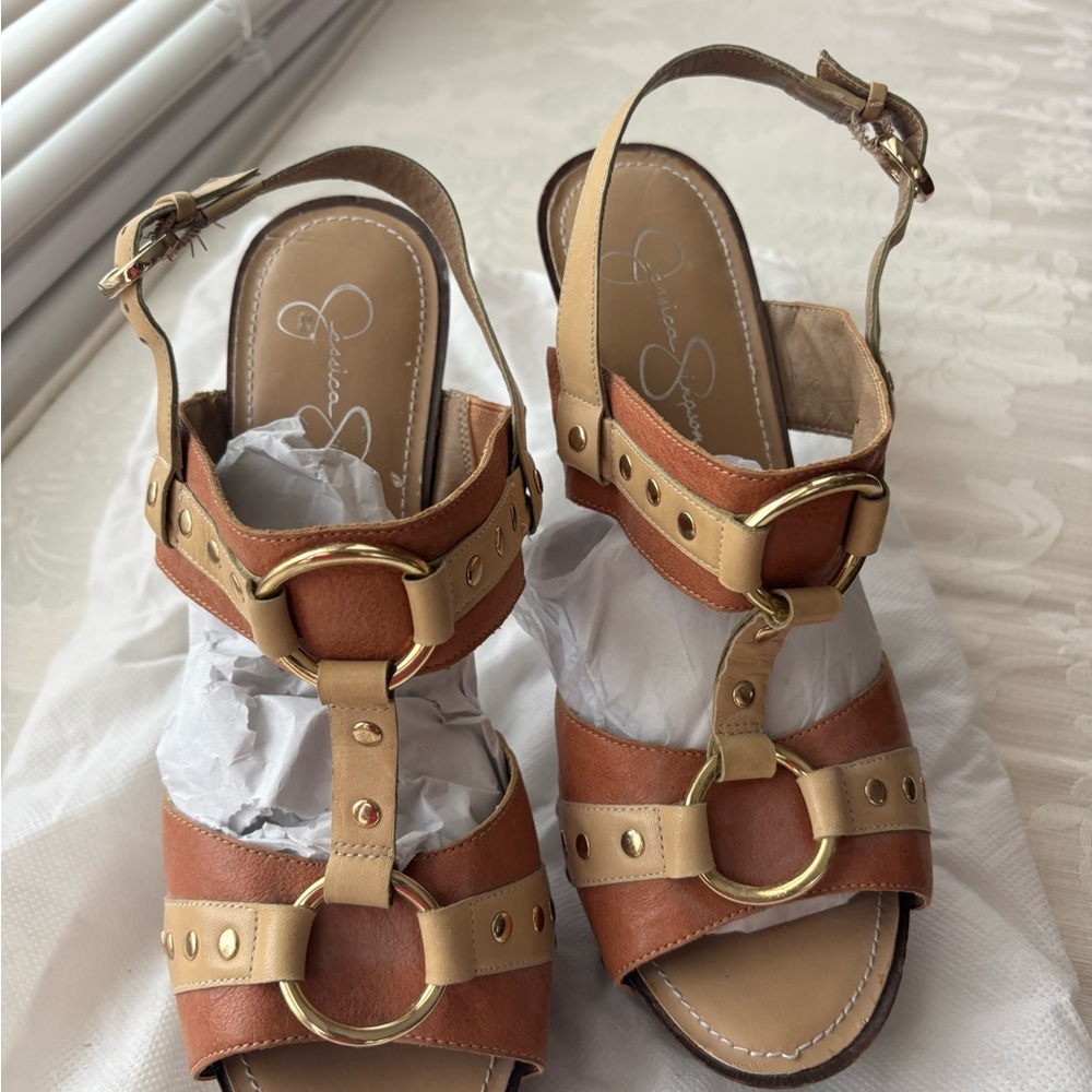Jessica Simpson Tan and Brown Sandals with Gold Accents